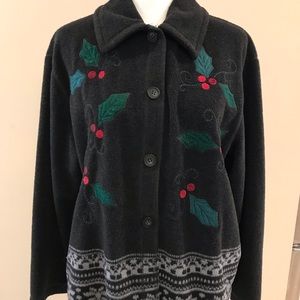 Talbots Petite Medium Fleece Button Cardigan Holly Leaf & Fair Isle Trim ❤️🍃🖤